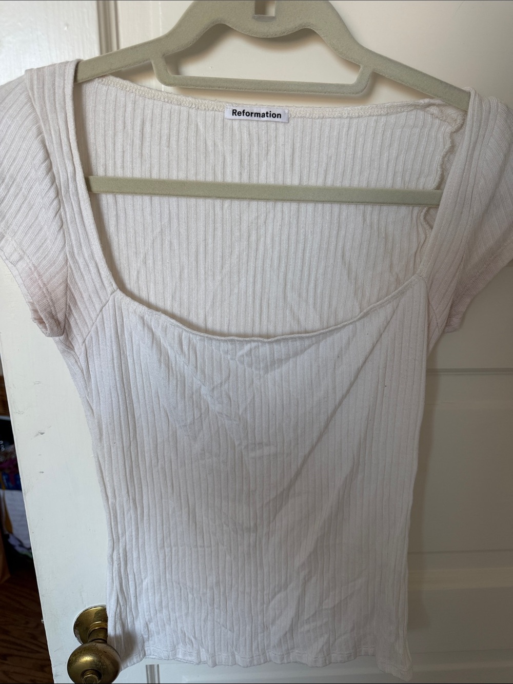 Reformation Off-White Ribbed Square-Neck Short Sleeve Top